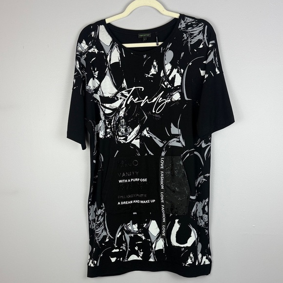 Tricotto Black Gray White Graphic Words Short Sleeve Oversized Tunic Dress - Picture 2 of 15
